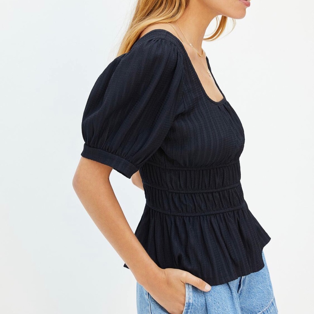 Maeve Black Puffy Short Sleeve Stretch Peplum Top Blouse XS Petite XSP - Picture 2 of 4